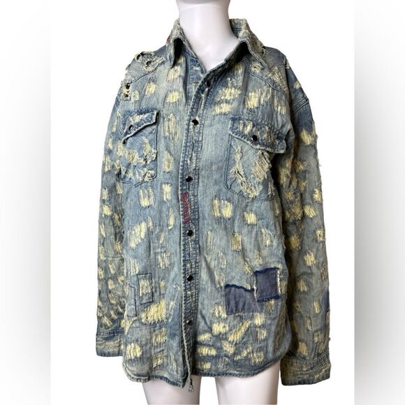 Mostly Heard Rarely Seen Grunge Long Sleeve Button down Shacket Denim Large - Picture 1 of 5